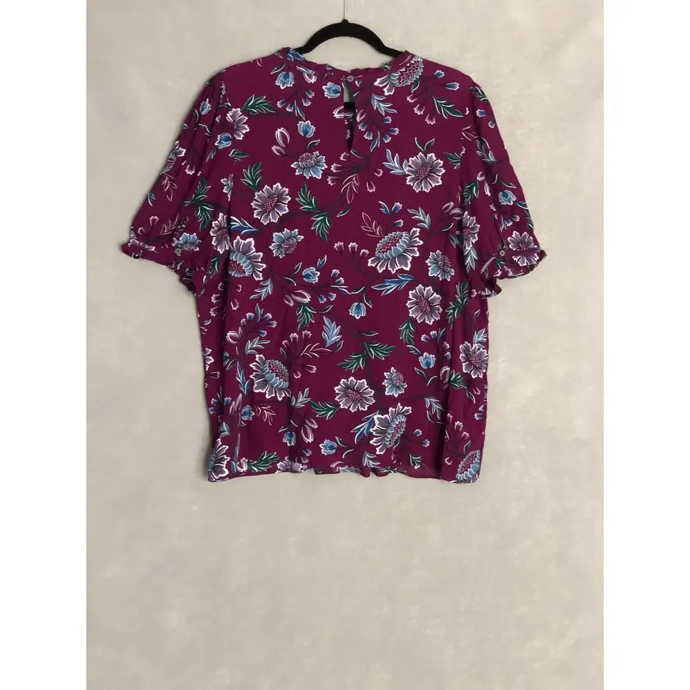 LOFT Pin Tuck Top Puff Sleeve Floral Purple Women's Large
